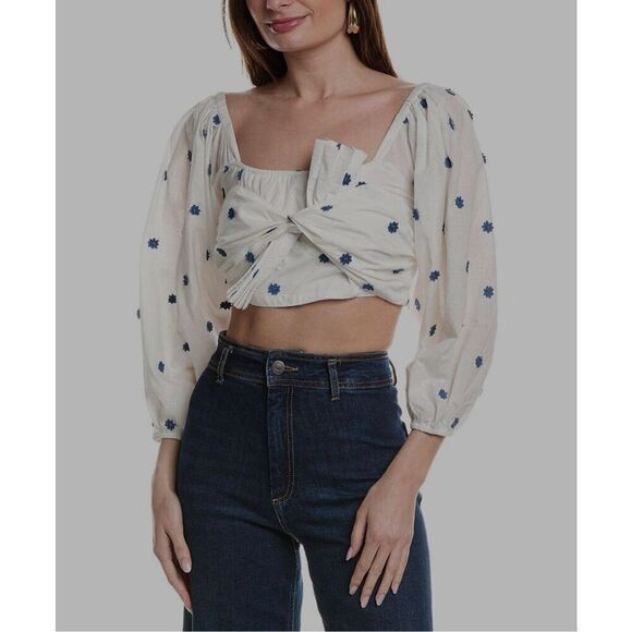 Floral Embroidered Crop Top Tie Front Long‎ Sleeve Blouse - Picture 1 of 9